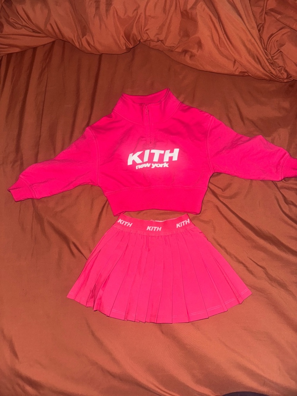 BRAND NEW Kith Kids Magenta Zip Crop Sweatshirt & Pleated Skirt Set
